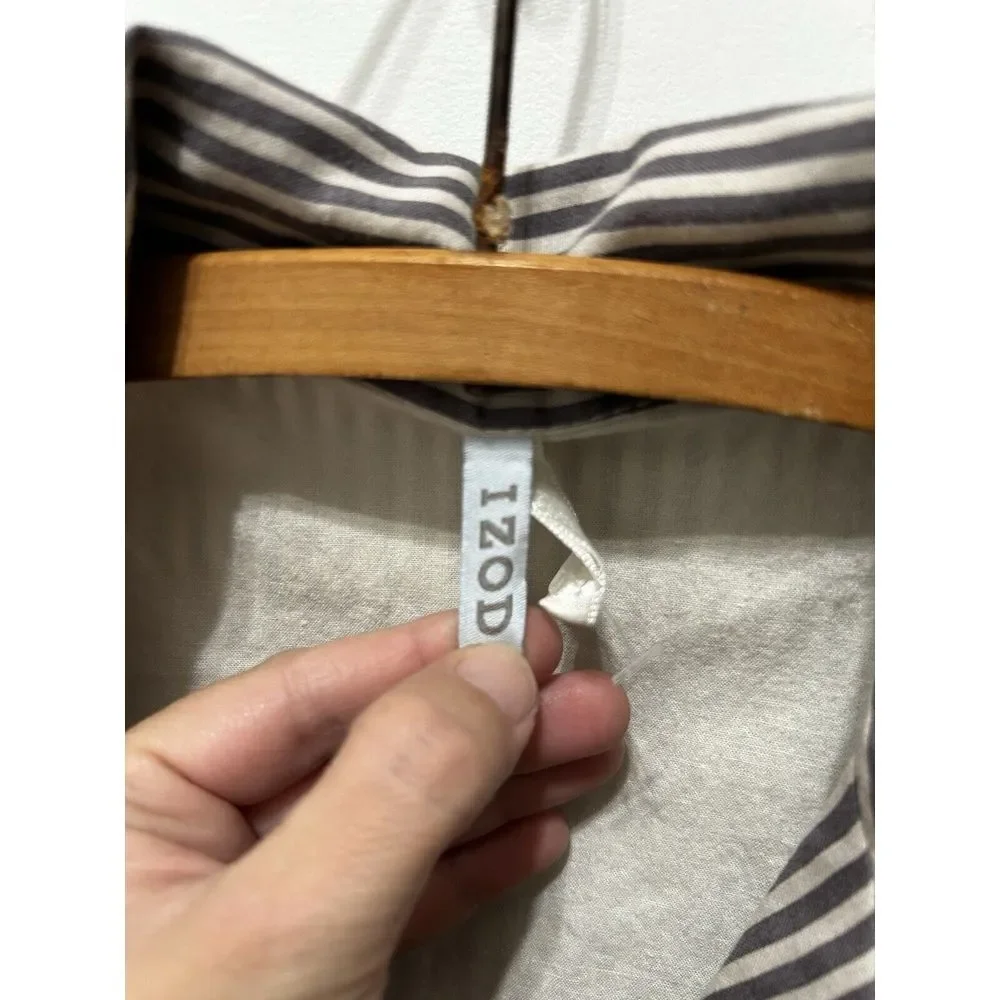 IZOD Sz M Blue Striped Button-Up‎ Pajama Sleep Shirt Nightgown gray and white